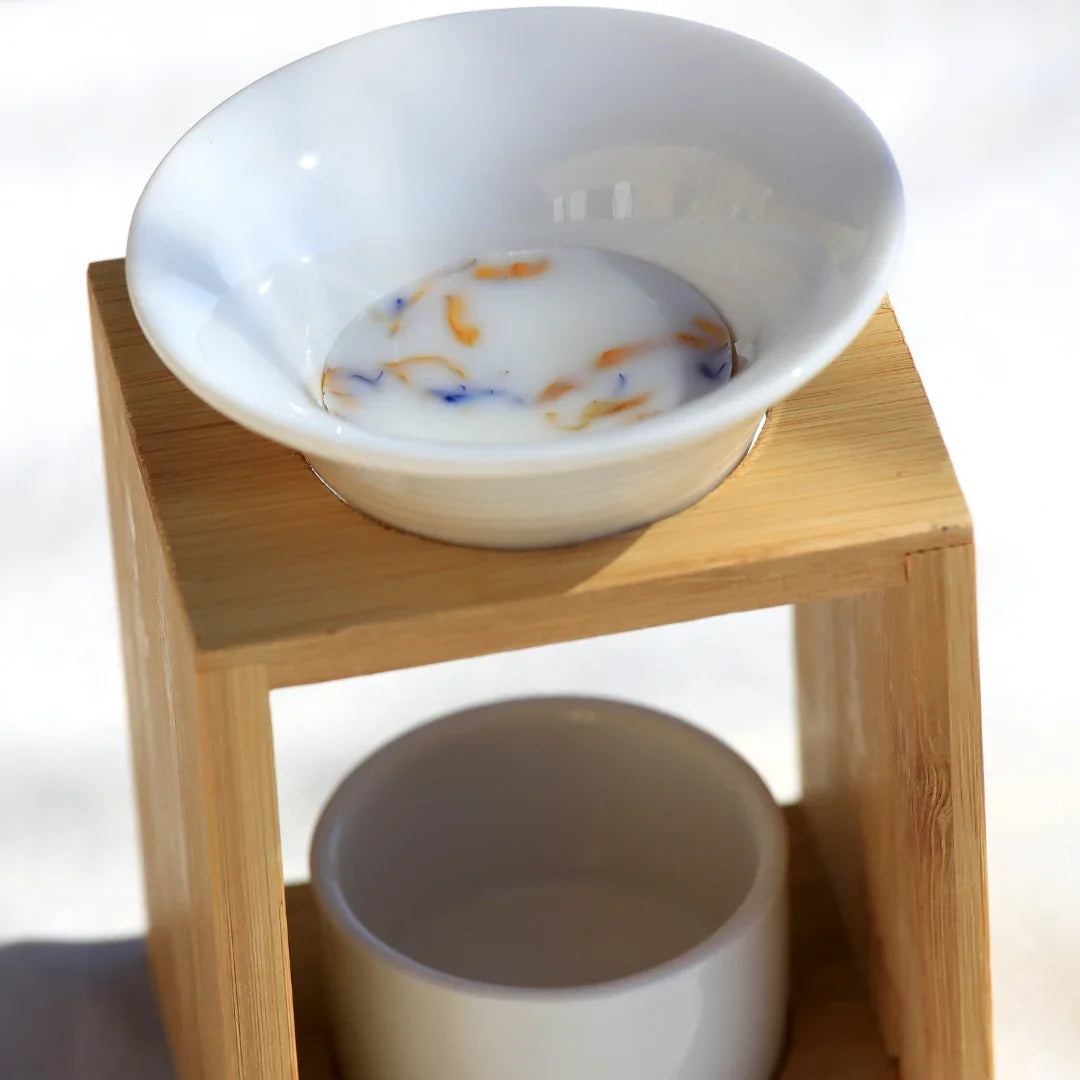 bruleur à fondant galet parfumé en bois et céramique fleur